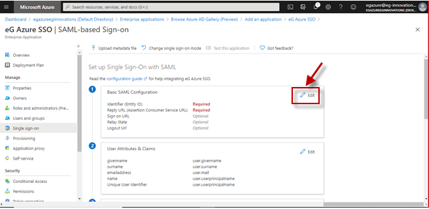 Clicking Edit in Basic SAML Configuration Section 