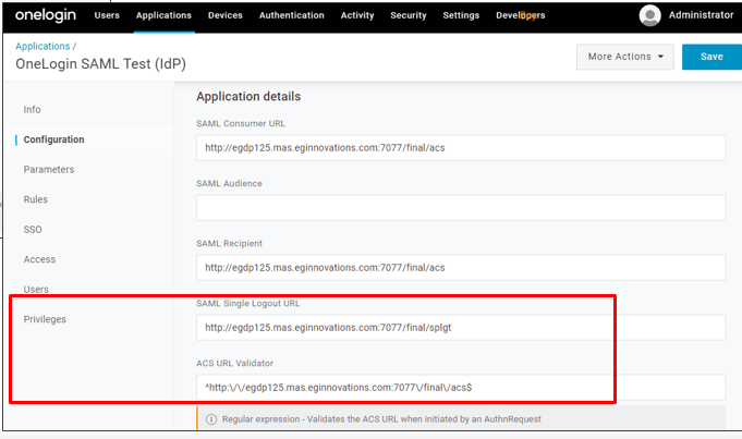Specifying Single Logout URL and ACS URL