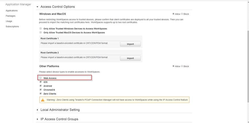 Viewing Web Access option