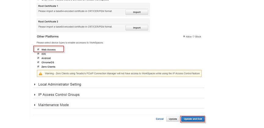 Selecting Web Access option