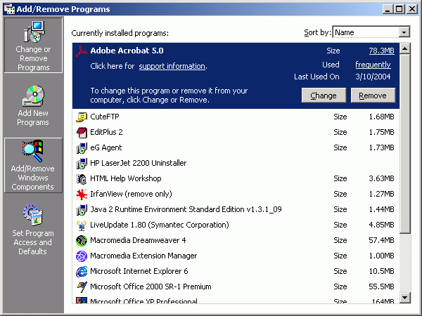 Selecting an option in Add/Remove Programs window