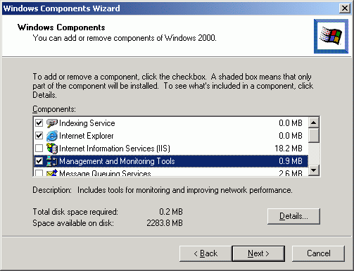 Selection of Management and Monitoring Tools option in Windows component wizard