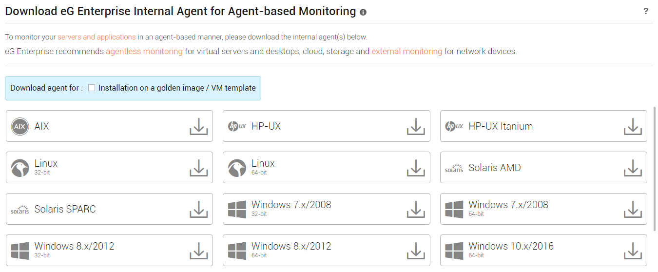 Availability of eG's Internal agent packages for download from eG manager console