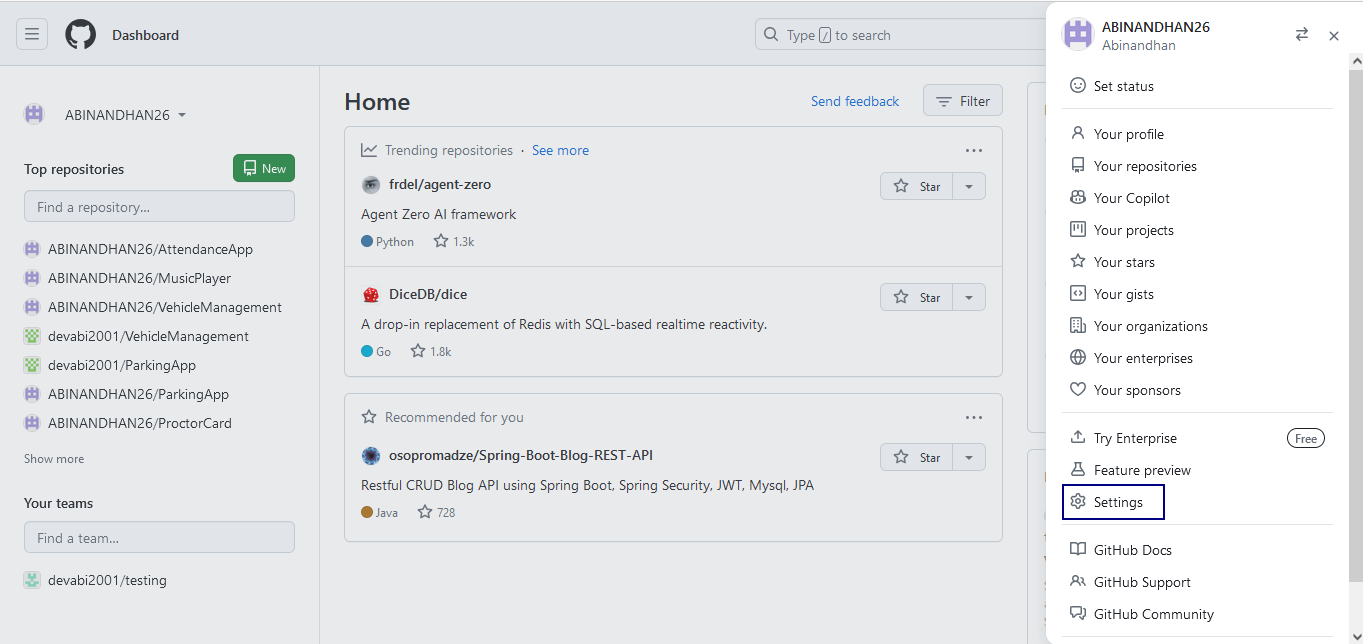 Selecting Settings Option