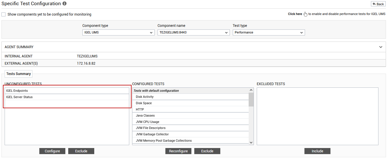 IGEL UMS Server Specific Test Configuration Page