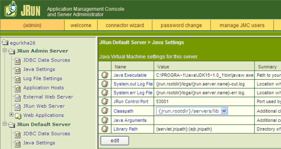 Viewing Java Virtual Machine Settings For Target JRun Server