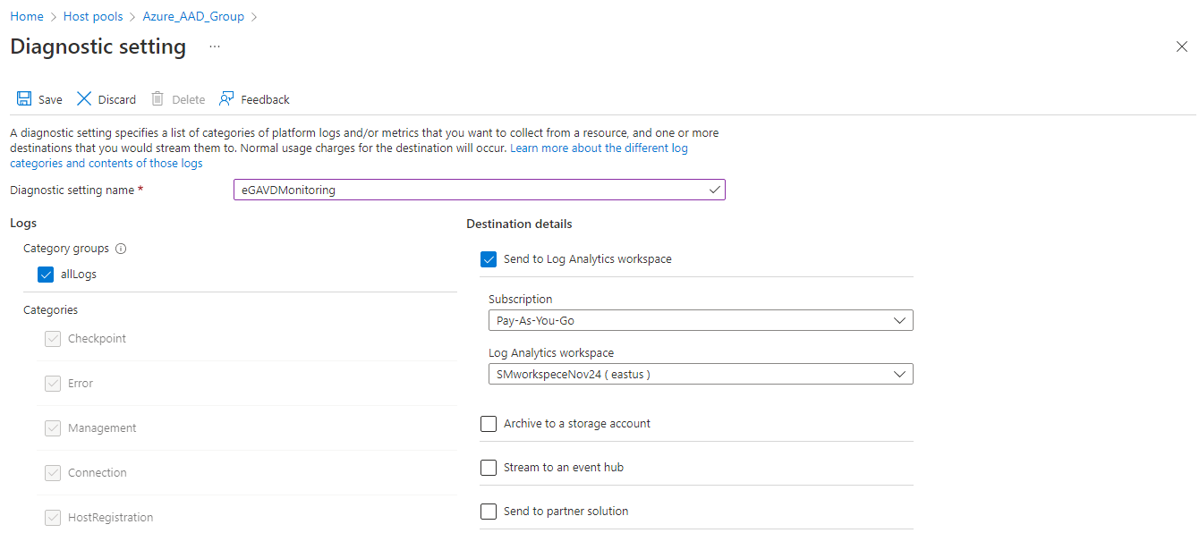 Adding Diagnostic Setting for Chosen Host Pool