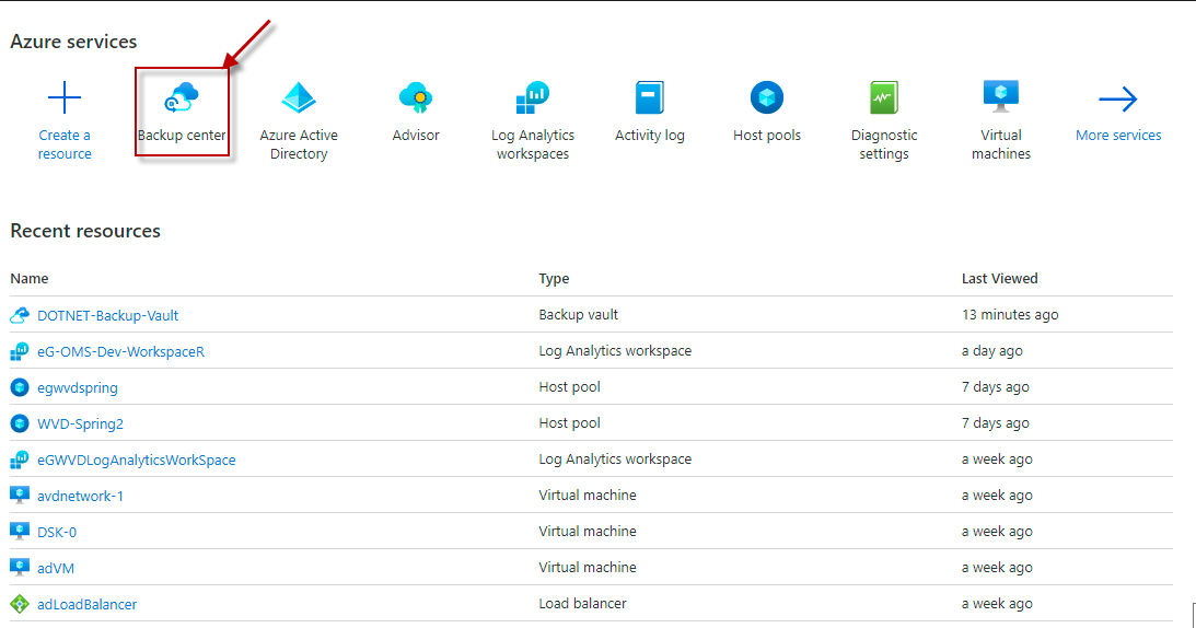 Clicking Backup Center Option