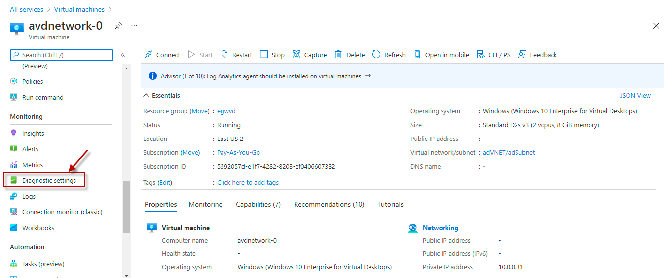 Clicking on Diagnostic Settings option for the chosen virtual machine