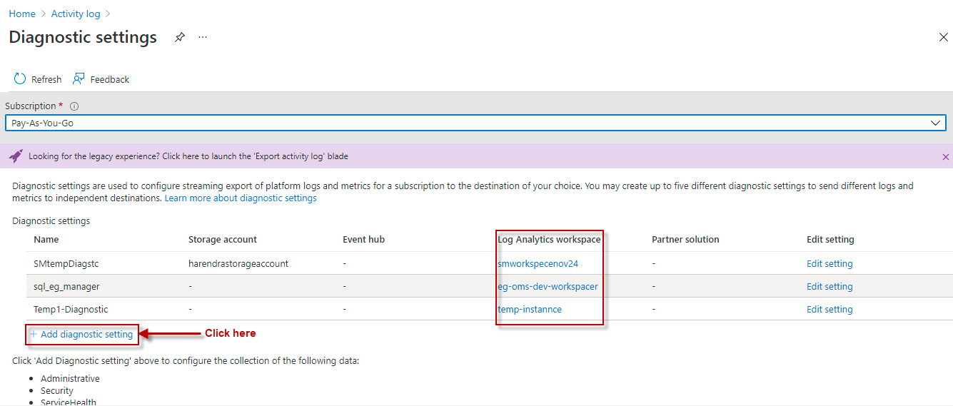 Clicking On Add Diagnostic Setting Button