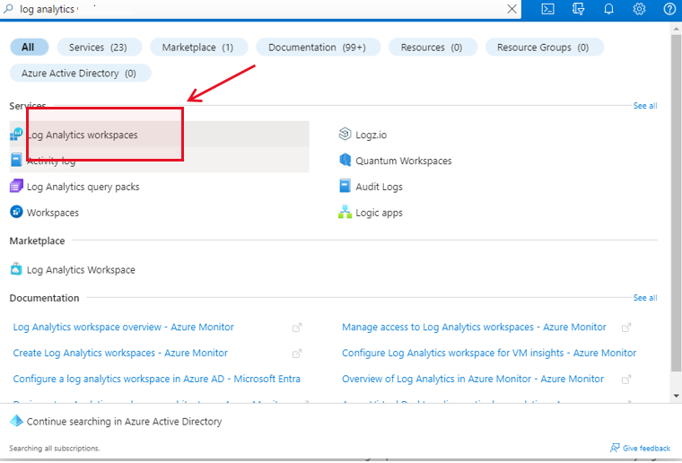Selecting Log Analytics Workspace Option