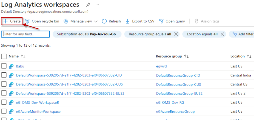 Clicking On Create Link In Log Analytics Workspaces Window