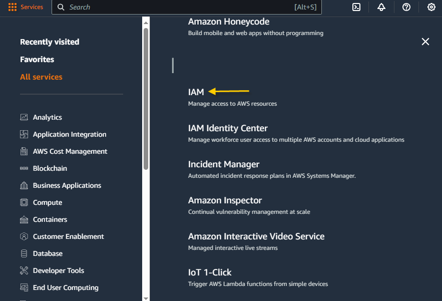 Selecting IAM Option