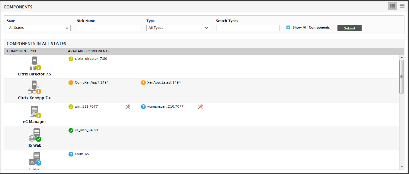Components Page Displayed Upon Clicking List View icon