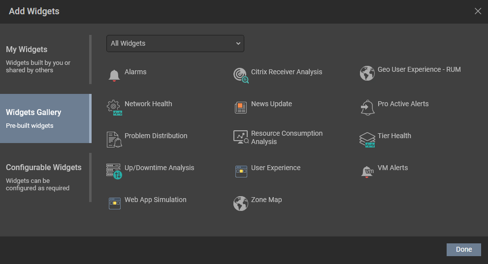 Pre-built Widgets List