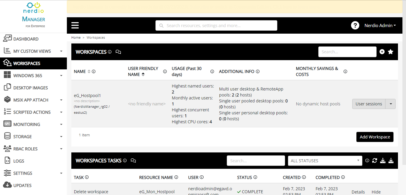 Workspaces list