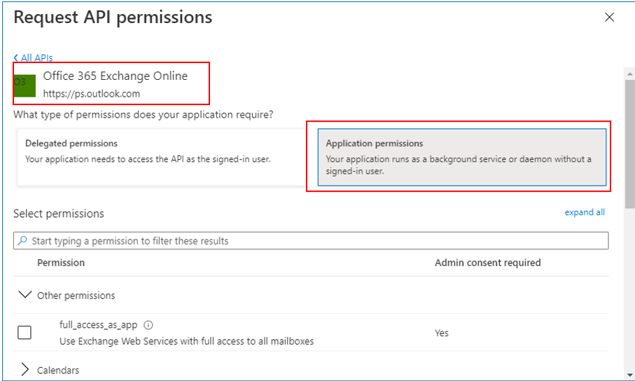 Select Application Permissions Option