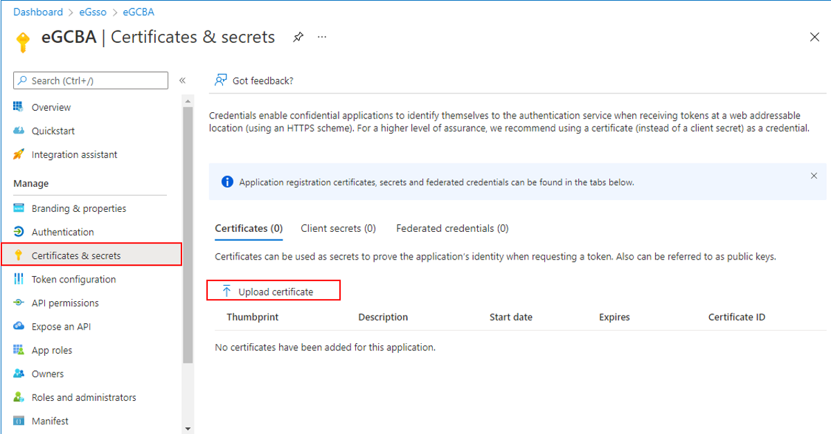 Click Upload Certificate Link