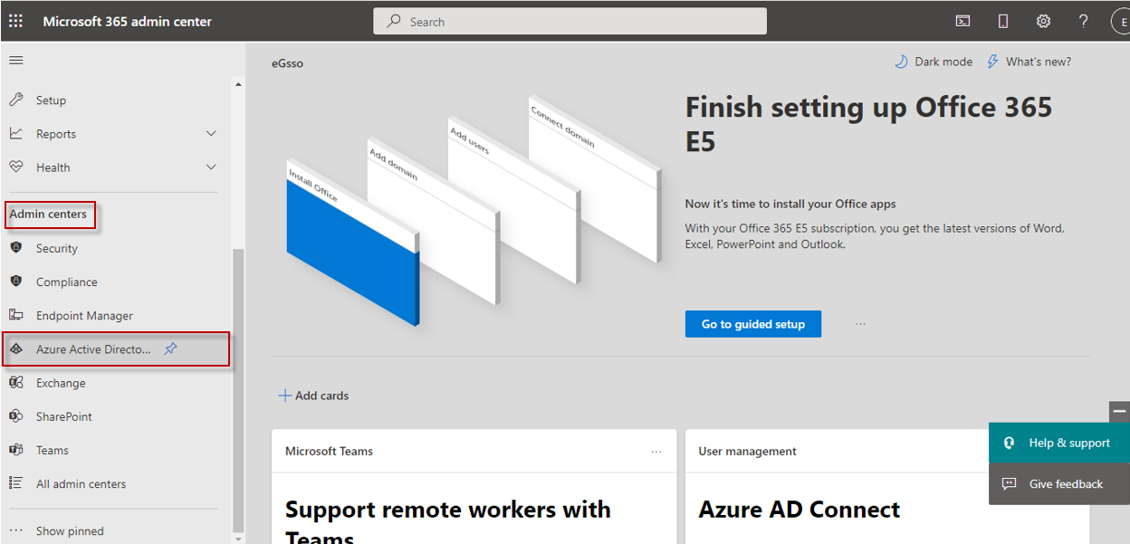 Navigating to Azure Active Directory under Admin Centers
