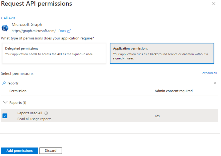 Selecting Application permissions Option