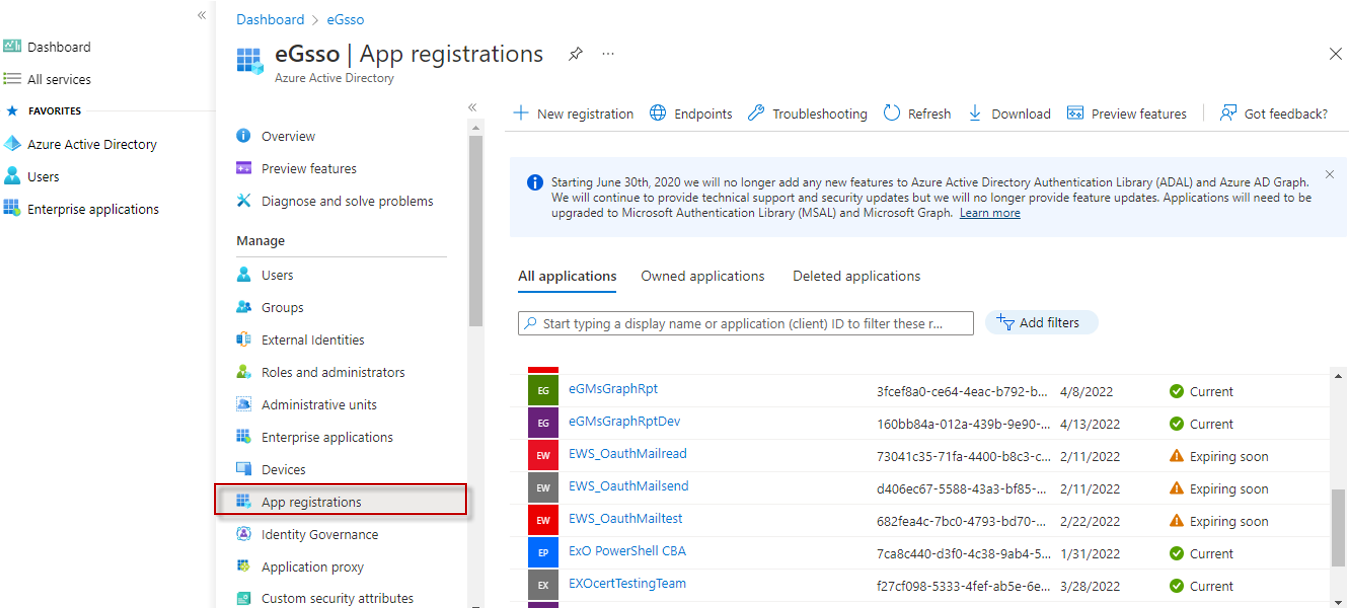 Selecting App Registrations Option