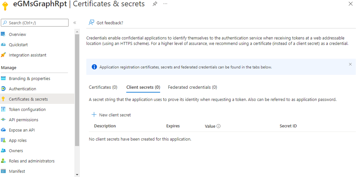 Clicking on New client secret Link