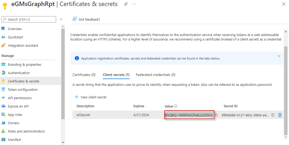 Key Value assigned to Client Secret of Microsoft Graph app