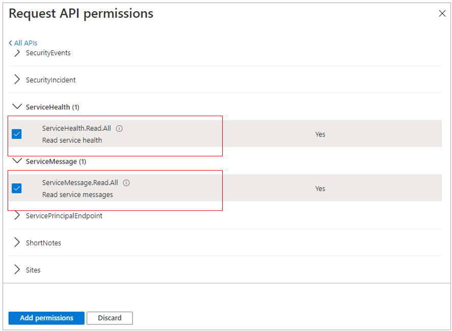 Granting ServiceHealth and ServiceMessage Permissions