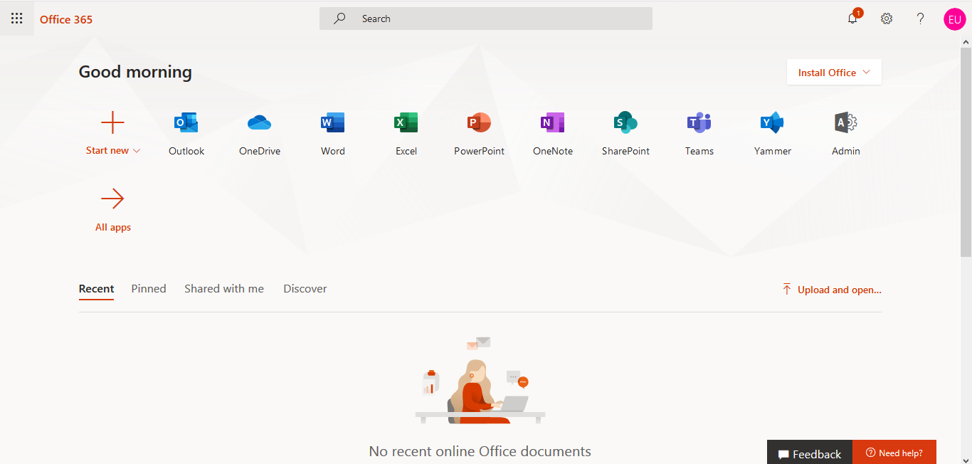 Welcome Page of O365 Portal