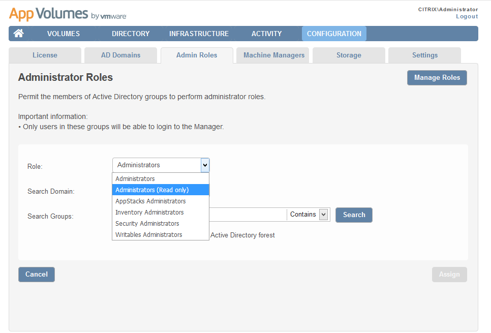 Selecting Administrators Role