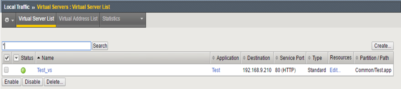 Viewing Virtual Server List