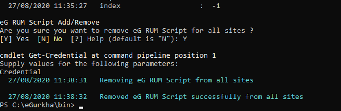 Messages appearing once command successfully removes RUM script