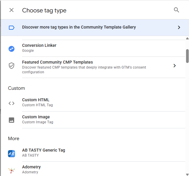 Selection of Custom HTML as Type of New Tag