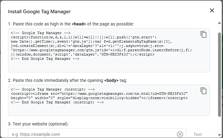 The GTM Code Snippet to be Copied to Web Page