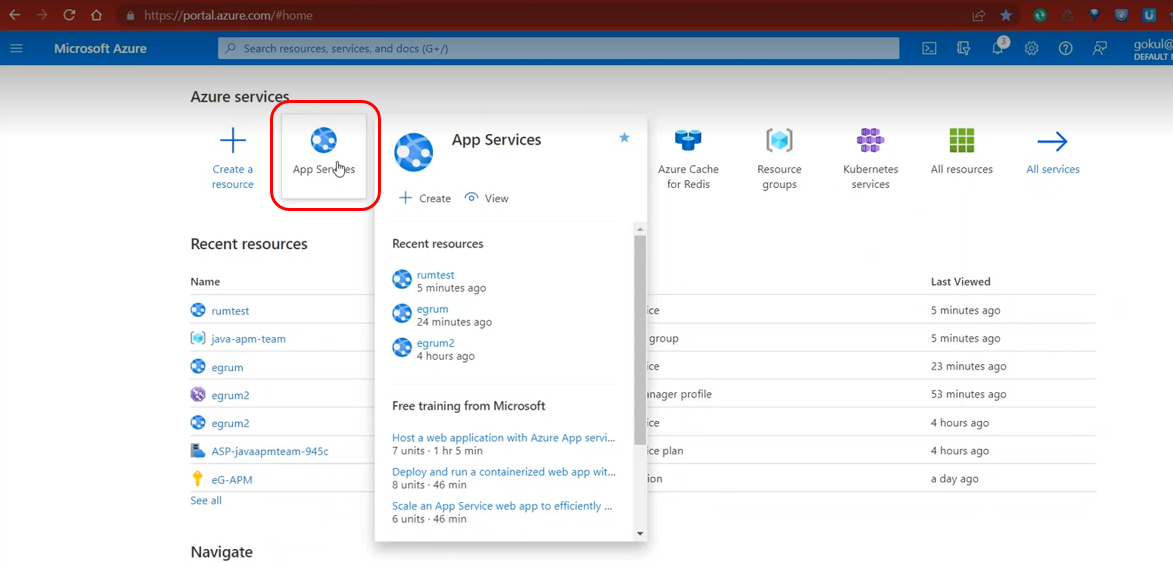 Selecting App Services Option in Azure Portal