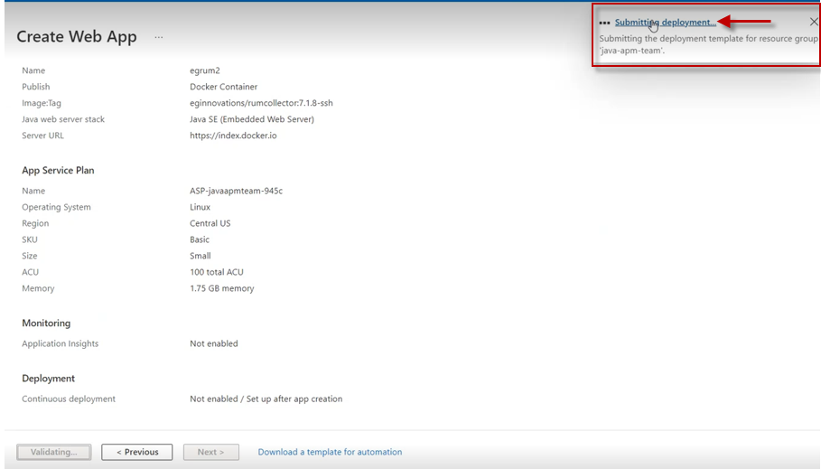 Clicking on Submitting Deployment Link