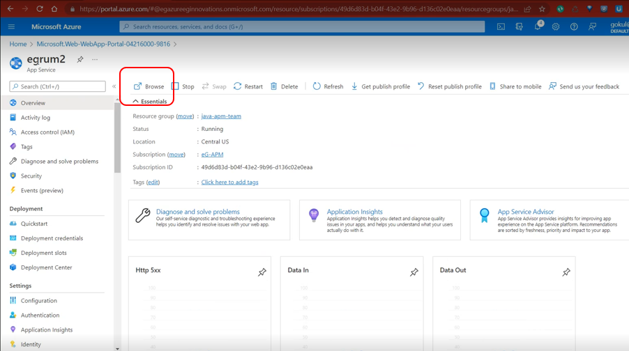 Clicking on Browse to load Application Home Page