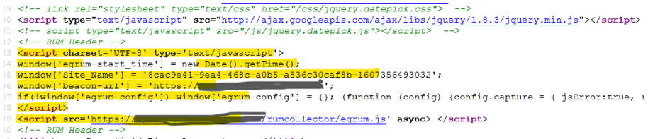 HTML Source of Web Page Displaying eG RUM Code Snippet