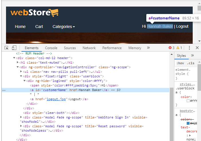 Inspecting Chosen User Name Code Block in Developer Tools
