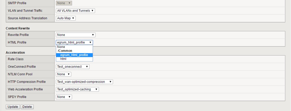 Selecting HTML Profile to be enabled on Virtual server