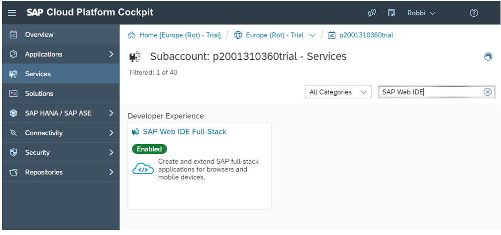 Clicking on SAP Web IDE Full-Stack