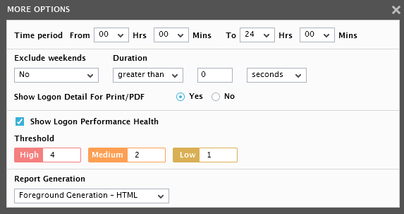 Default settings for generating User Logon Performance report