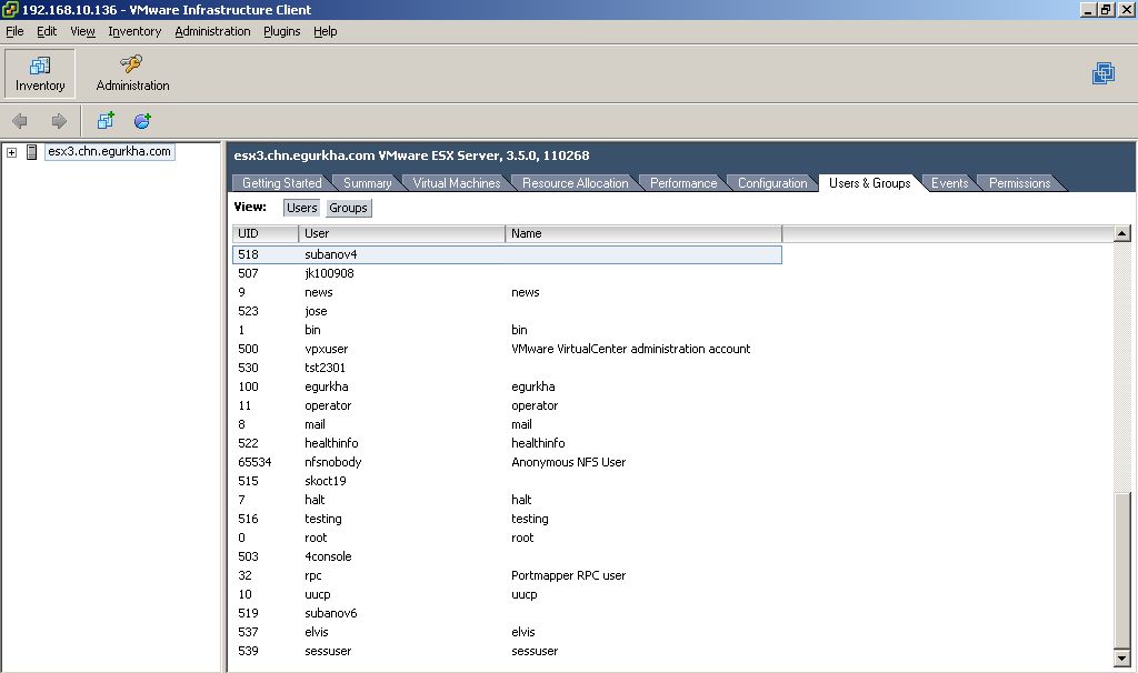 VI Client console - Users & Groups tab