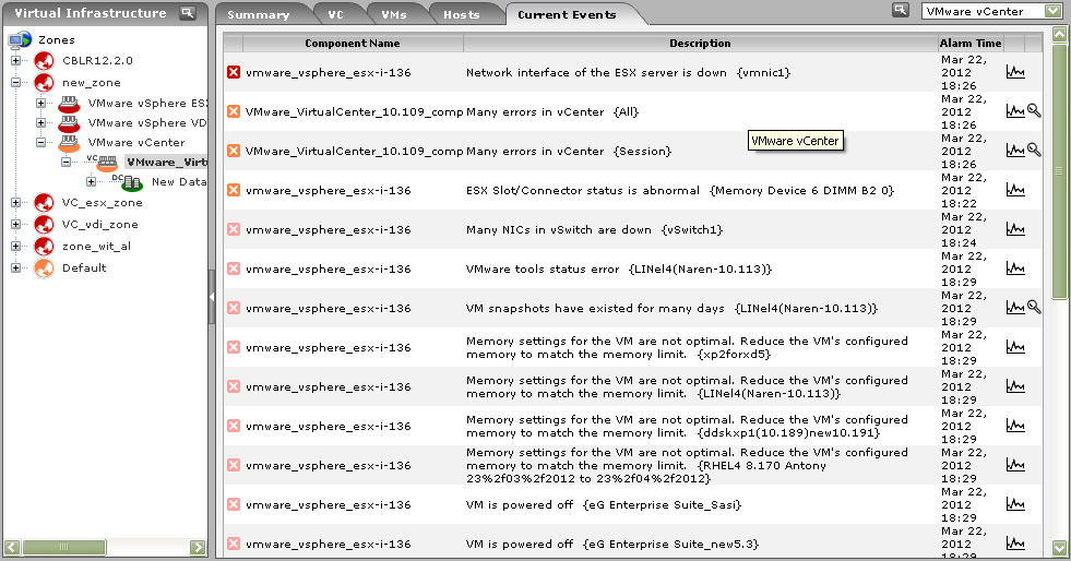 Events Tab page for vCenter server