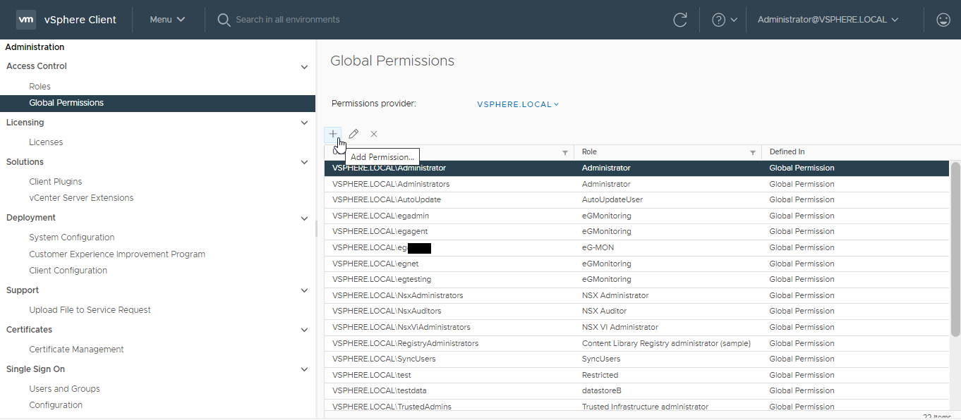 Clicking on  '+' button in the Global Permissions page