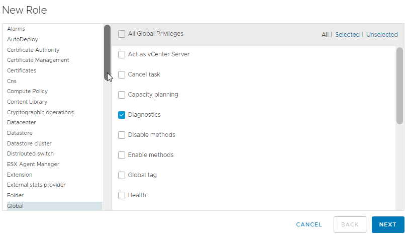 Selecting Diagnostics permission under Global category of Privileges