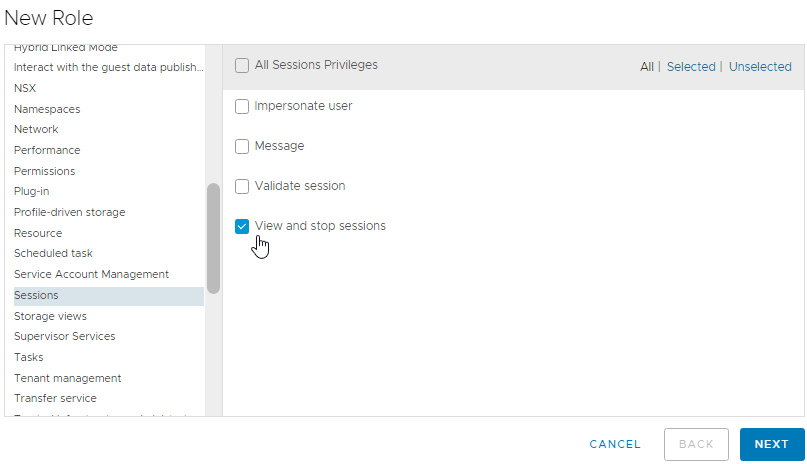 Selecting View and Stop sessions privilege