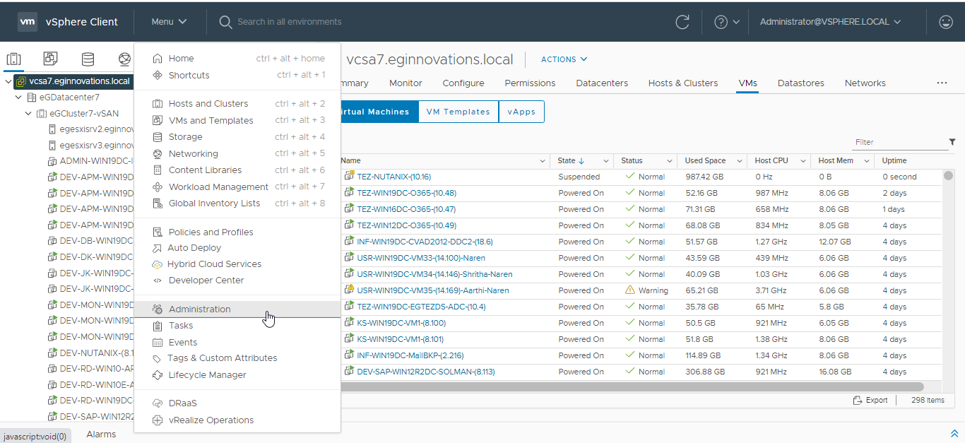 Selecting Administration option