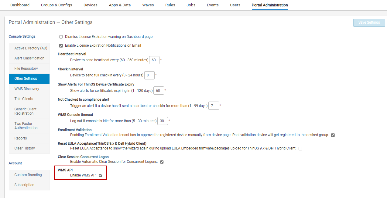 Enabling WMS API option in Other settings page