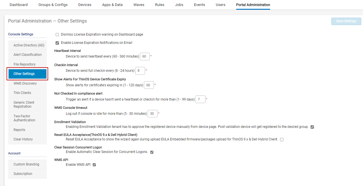 Other settings option in Portal Administration tab
